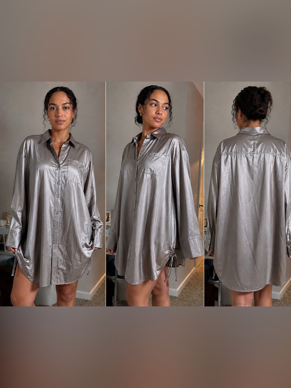 Amazon Metallic Silver Button-Down Shirt Dress